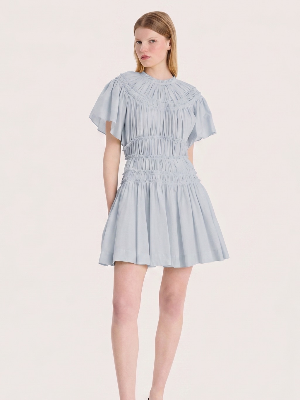 Merlette Smocked Short Sleeve Mini Dress In Light Blue